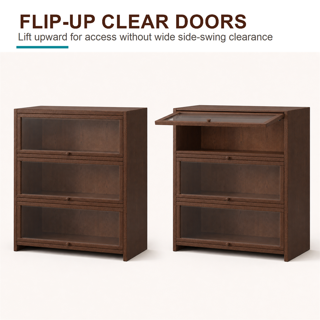 Clear cabinet door shown closed and flipped upward for compact access