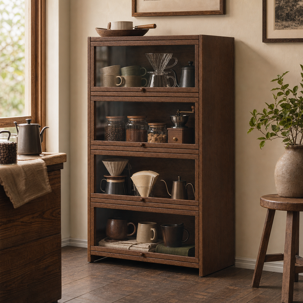 Four-tier flip-door cabinet organized with mugs beans and pour-over tools