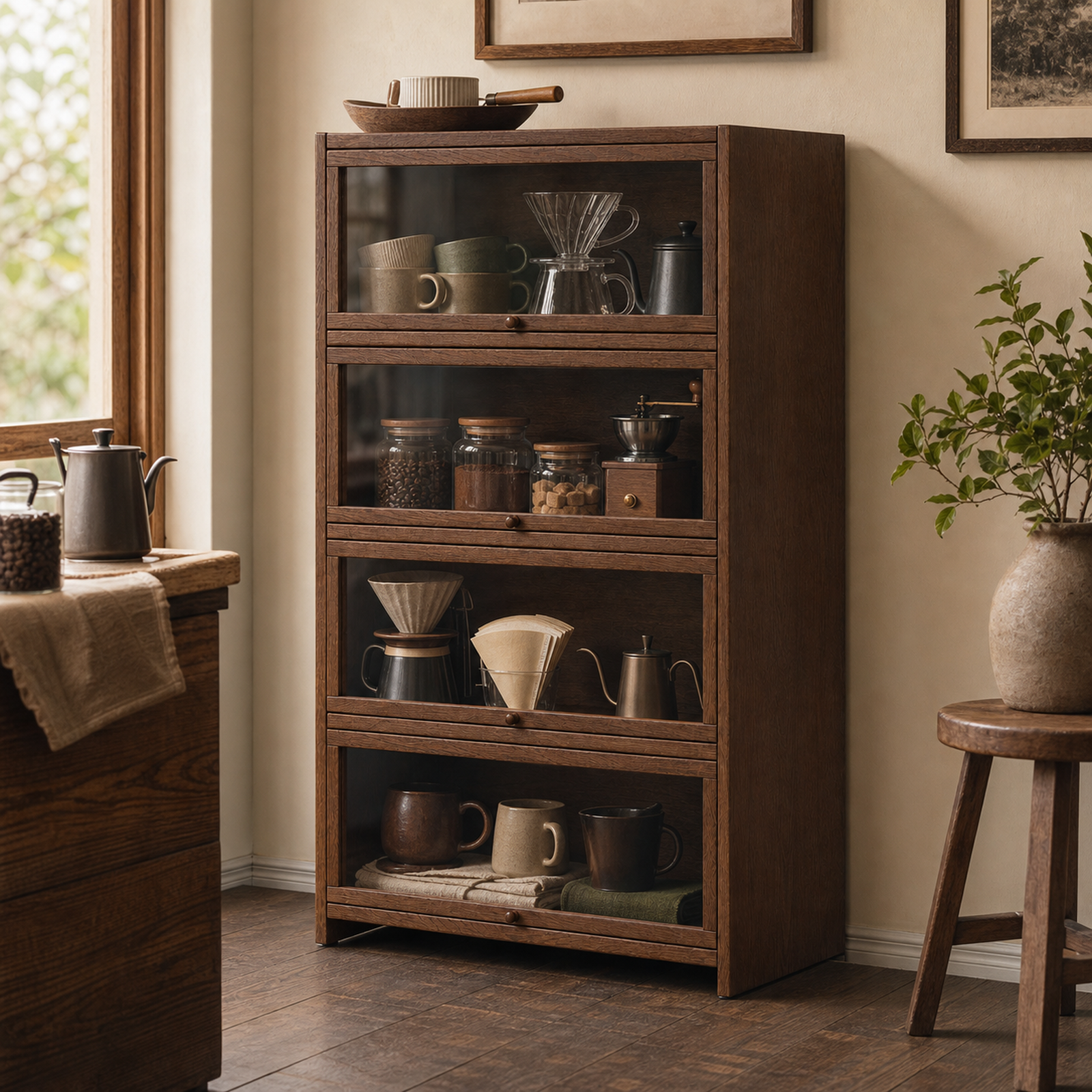 Four-tier flip-door cabinet organized with mugs beans and pour-over tools