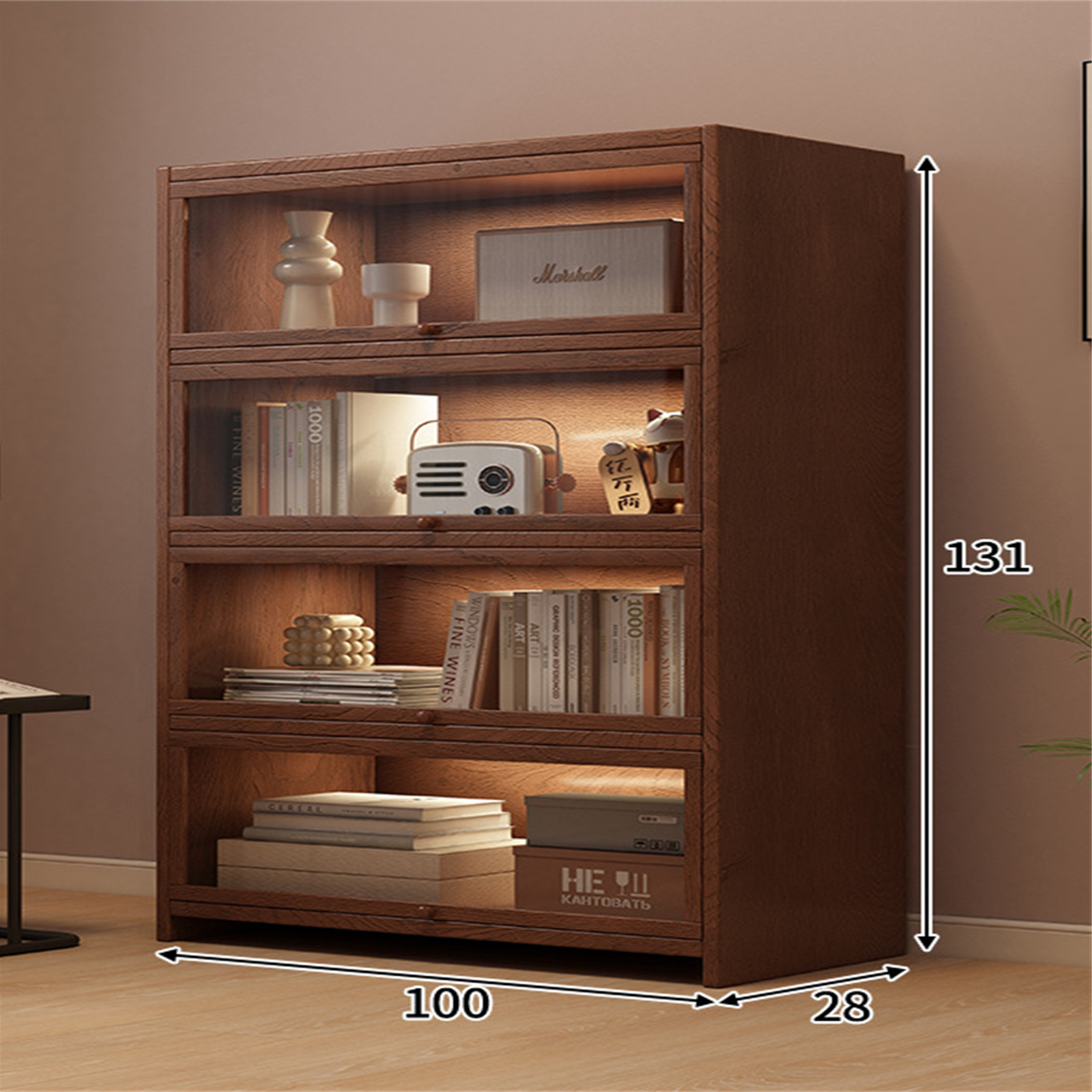 100 cm four-tier solid pine coffee storage cabinet in a warm interior