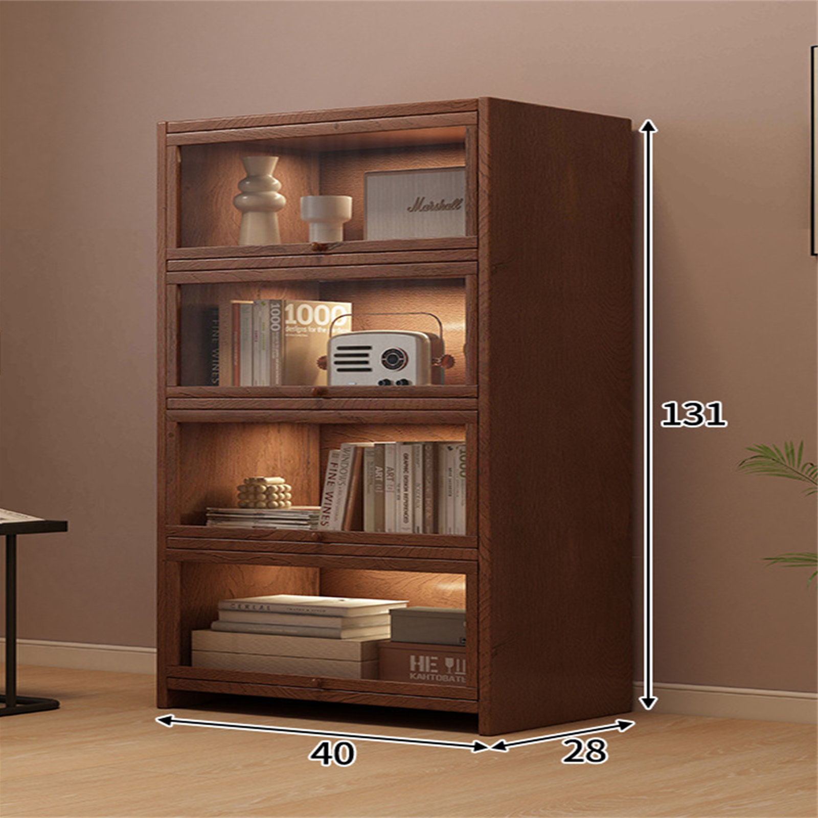 40 cm four-tier solid pine coffee storage cabinet in a warm interior