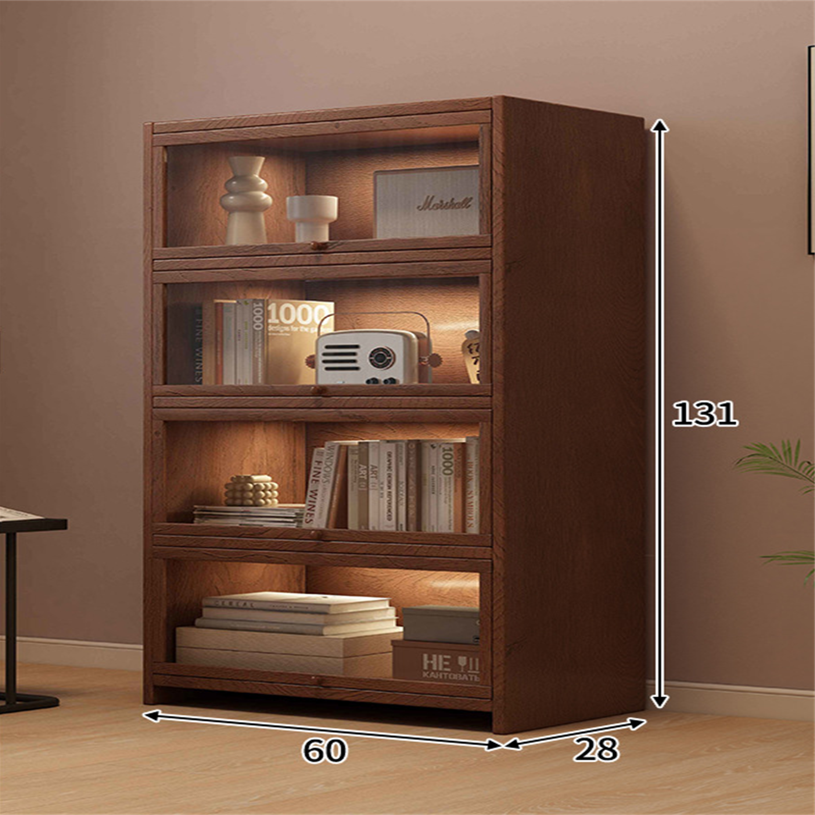 60 cm four-tier solid pine coffee storage cabinet in a warm interior