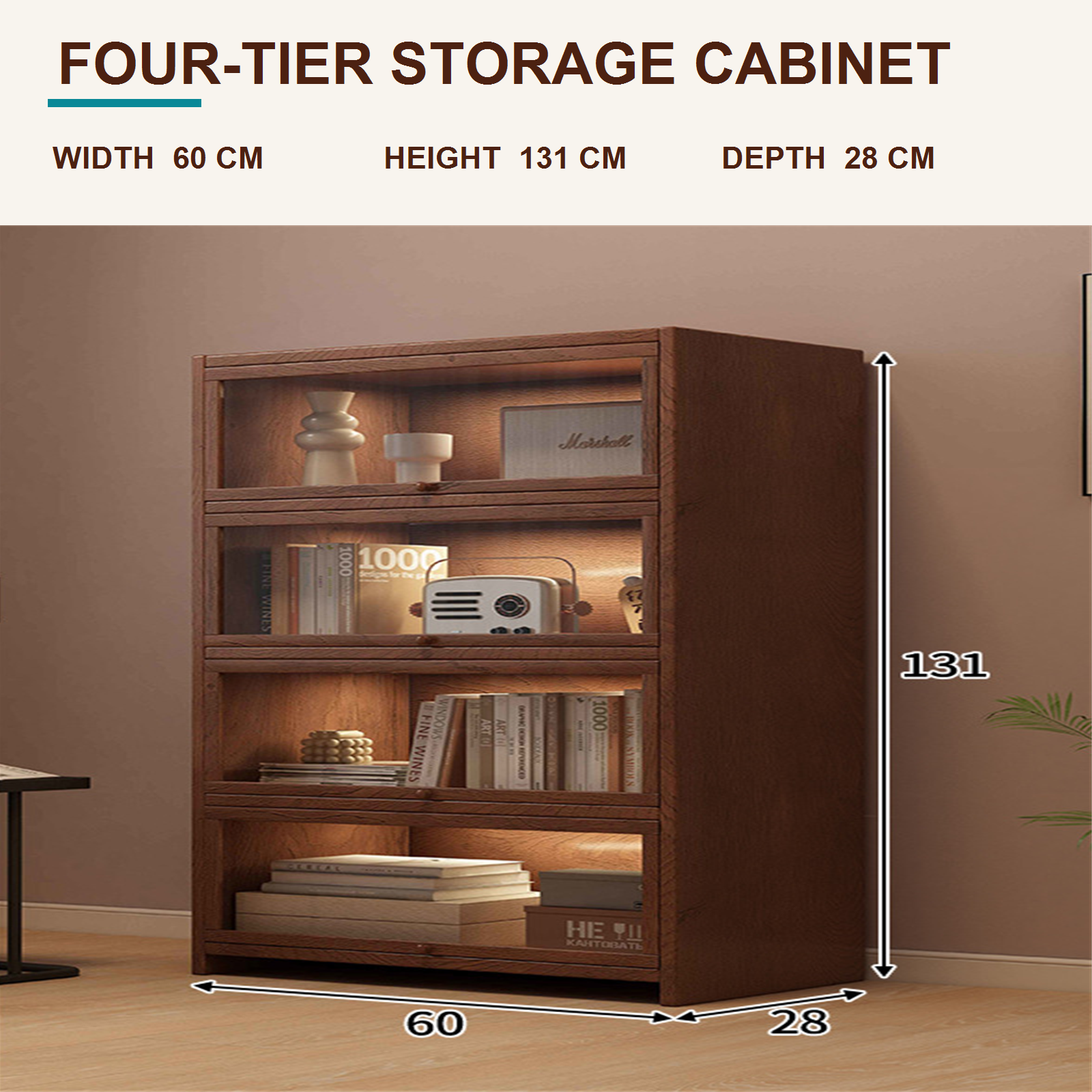 60 cm four-tier cabinet dimensions: 60 cm wide, 131 cm high and 28 cm deep