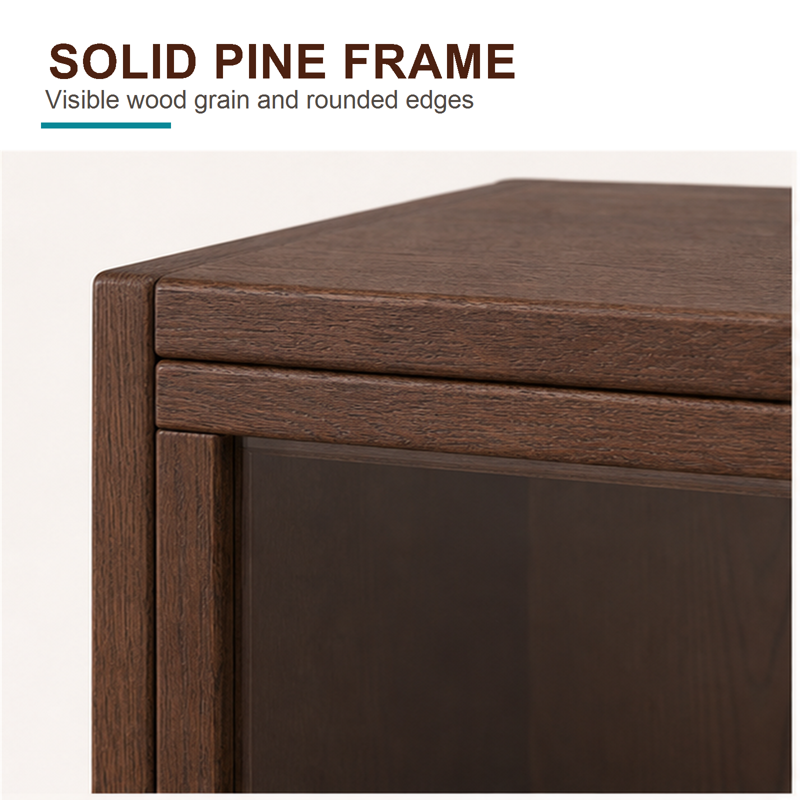 Close-up of the solid pine four-tier cabinet frame and rounded wood edges