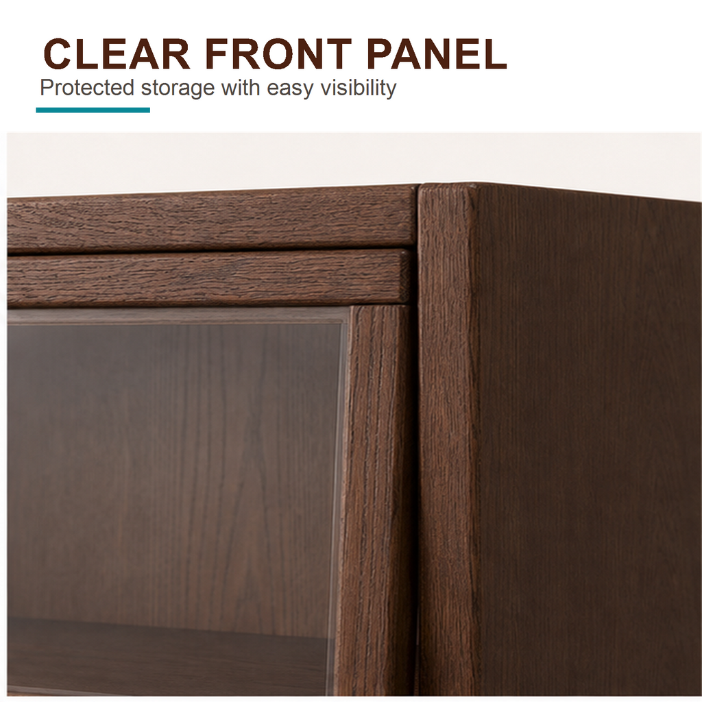 Close-up of a clear front panel and dark walnut solid pine cabinet frame