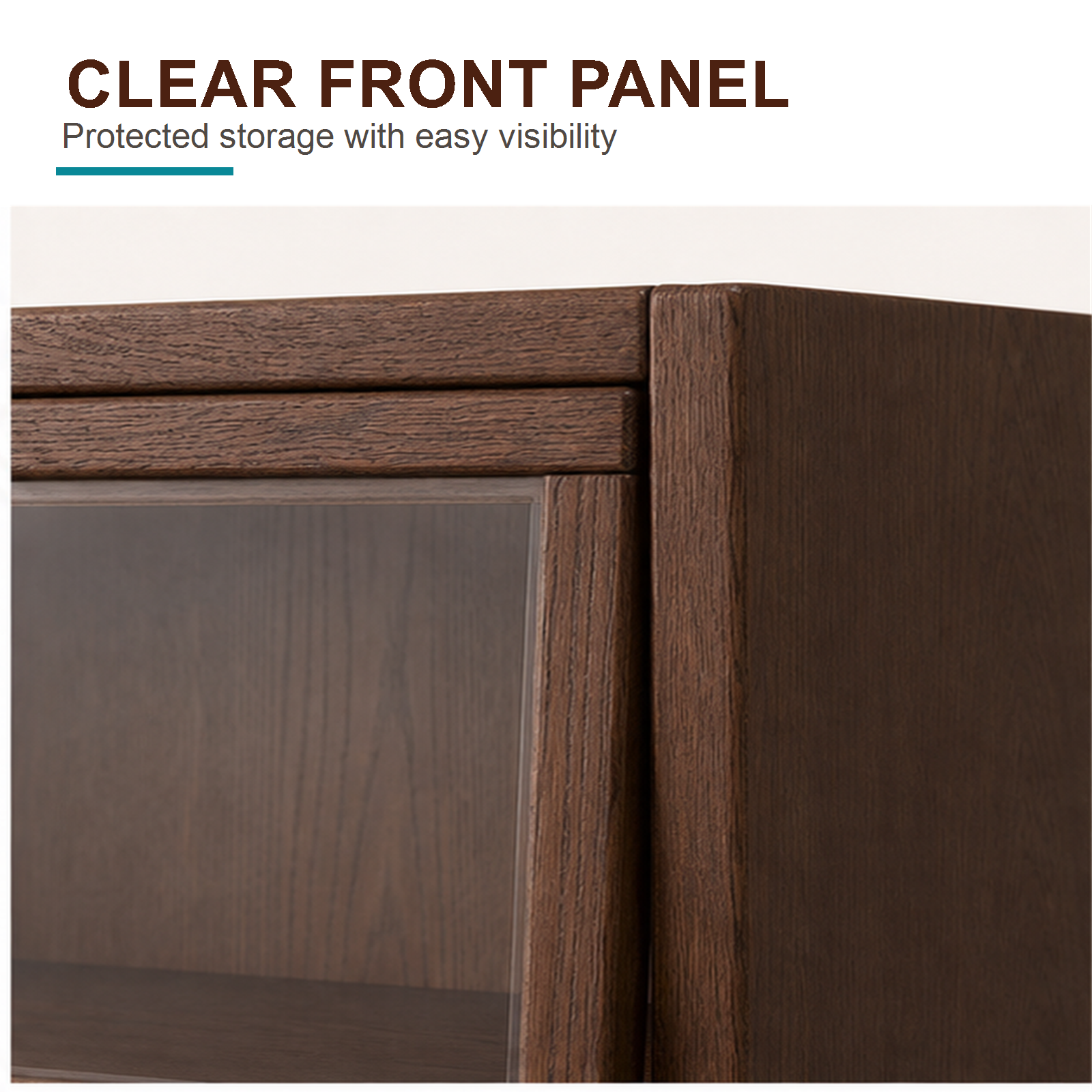 Close-up of a clear front panel and dark walnut solid pine cabinet frame