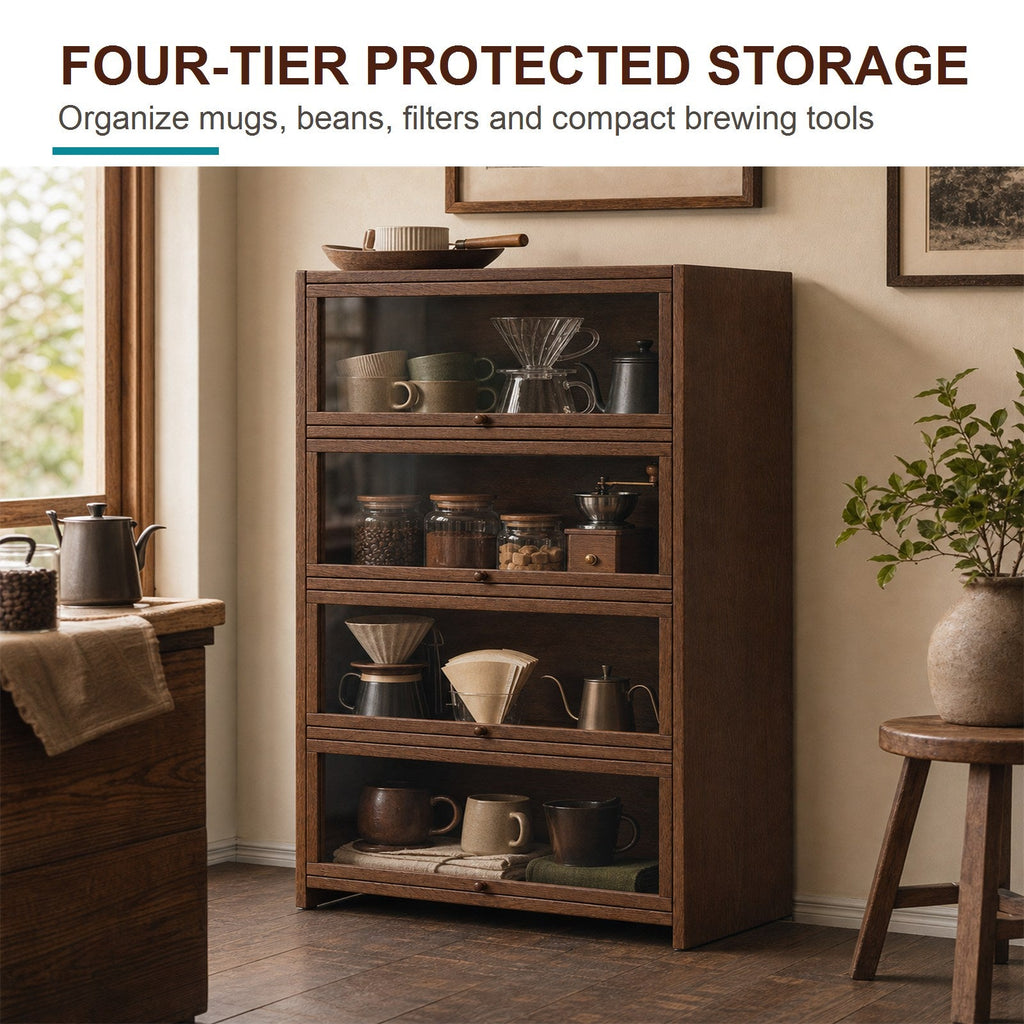 Four protected storage tiers organized with coffee mugs, beans, filters and brewing tools