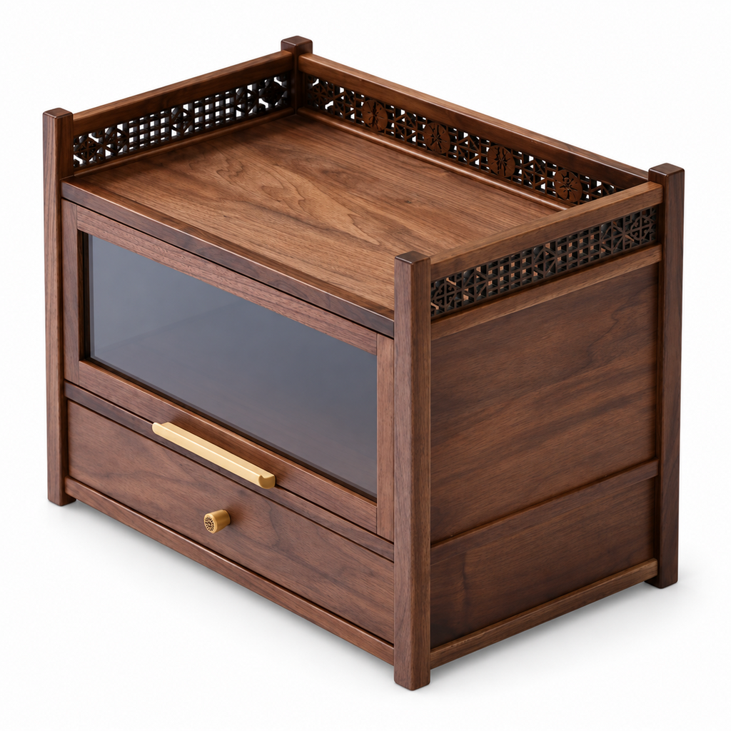 Solid walnut lattice-top coffee storage cabinet with one door and one drawer on a white background