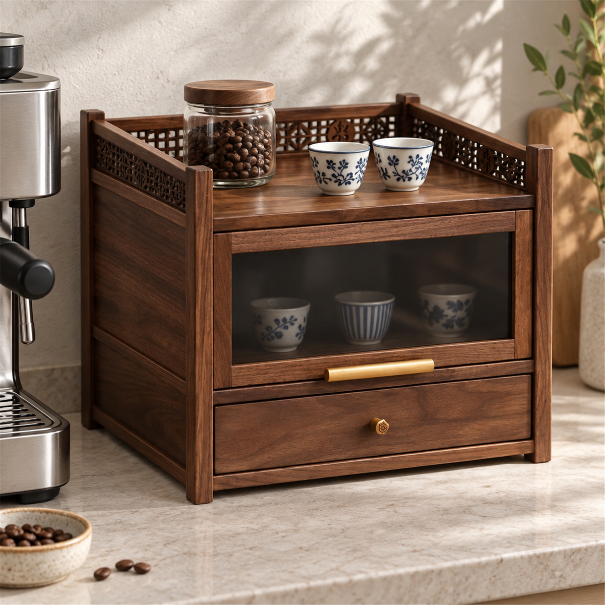 Walnut lattice-top cabinet displaying small coffee cups beside an espresso machine
