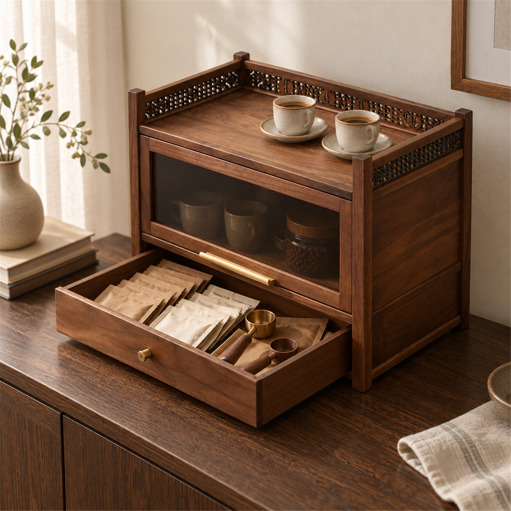 Walnut coffee cabinet with its lower drawer open for sachets and small scoops