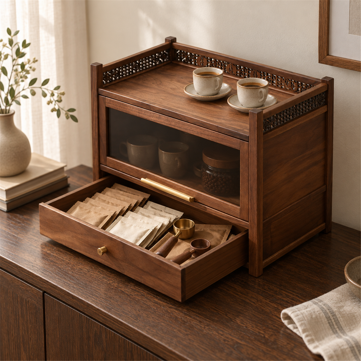 Walnut coffee cabinet with its lower drawer open for sachets and small scoops