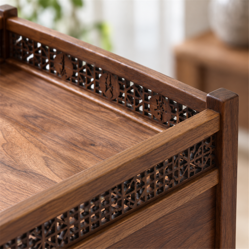 Close-up of the decorative walnut lattice rail around the top display tray