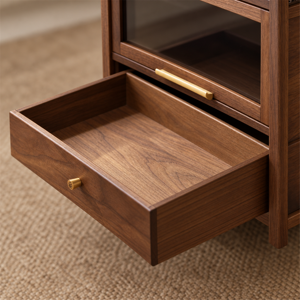Close-up of the walnut storage drawer, wood grain and gold-tone knob