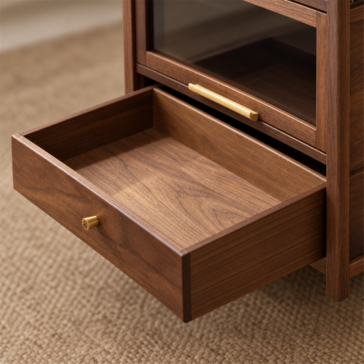 Close-up of the walnut storage drawer, wood grain and gold-tone knob