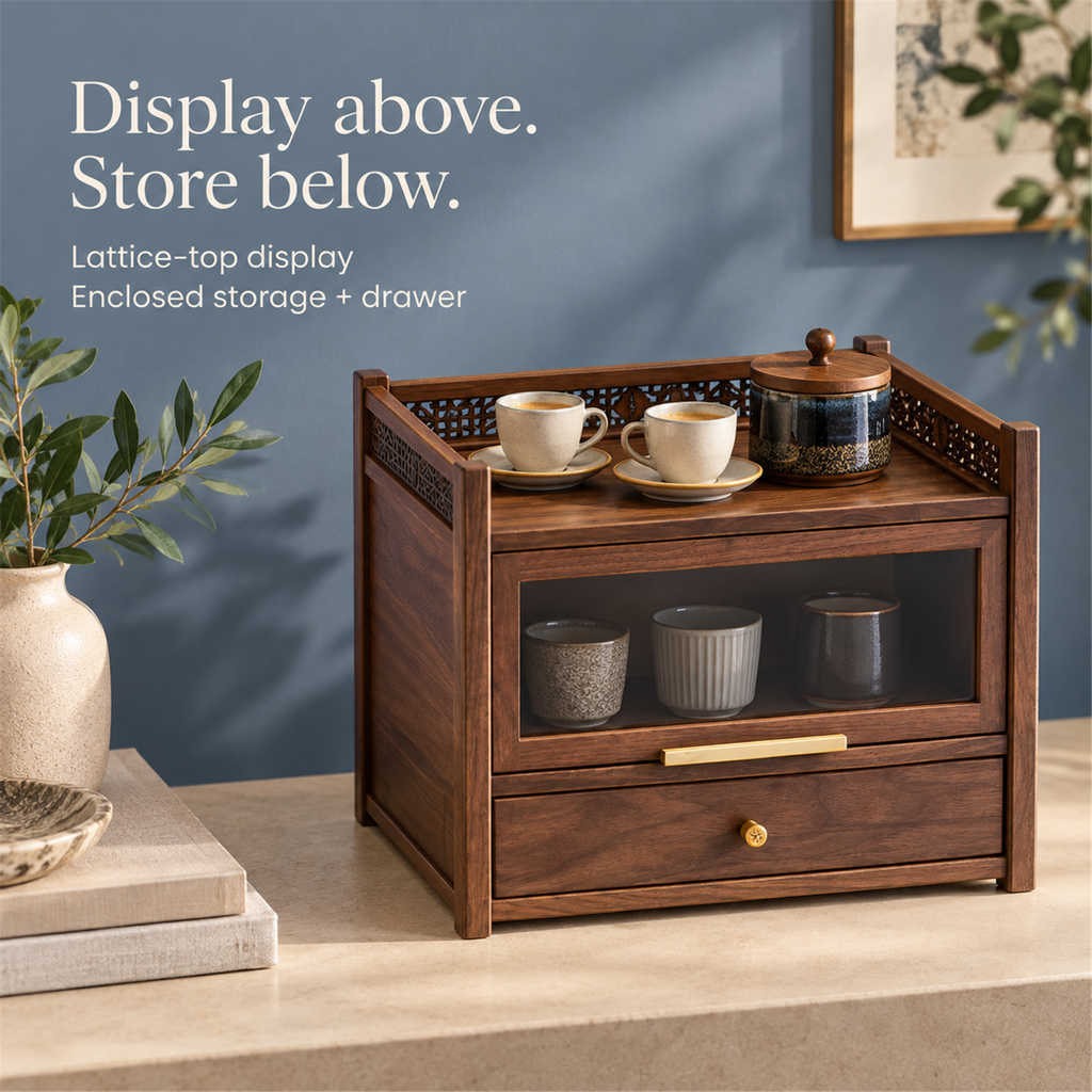 Lattice-top walnut coffee cabinet combining display space, enclosed storage and a drawer