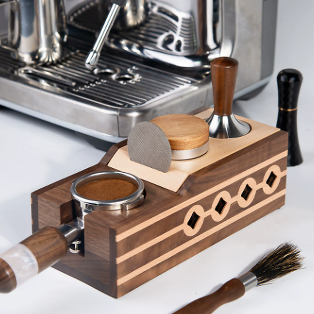 Solid walnut espresso prep station for 51 and 53 mm tools