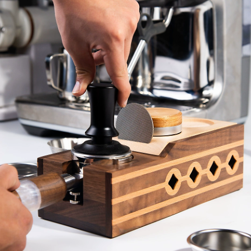 Solid walnut espresso prep station for 58 mm tools