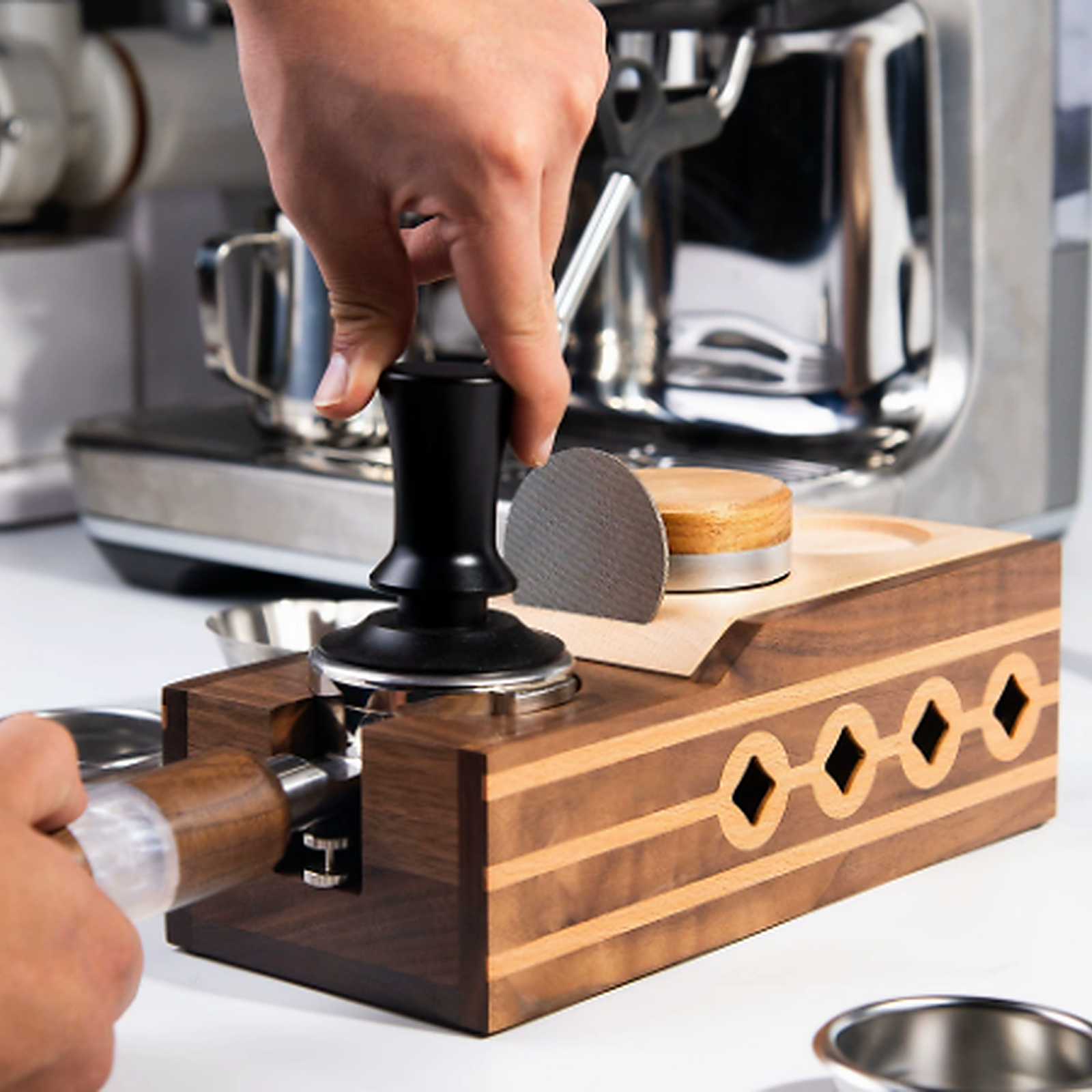 Solid walnut espresso prep station for 58 mm tools