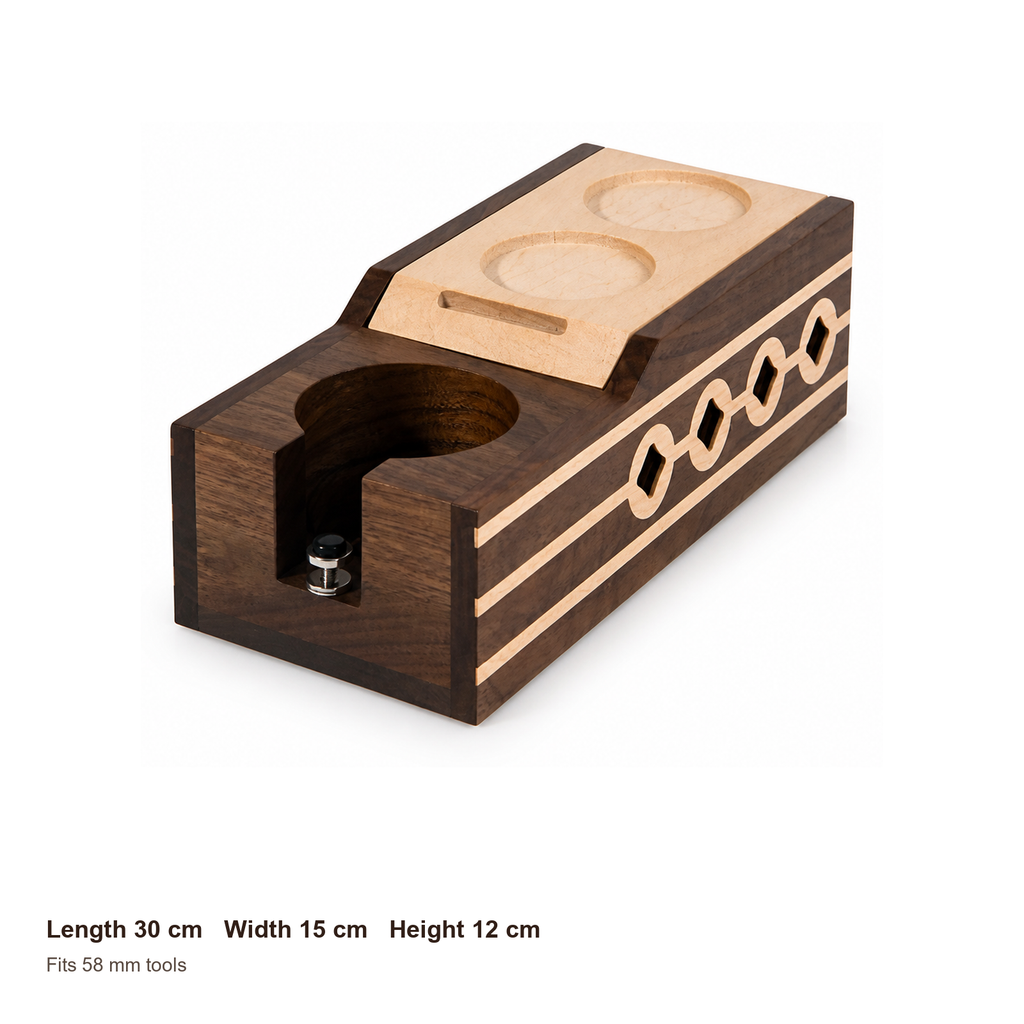 58 mm espresso station dimensions: 30 by 15 by 12 centimeters