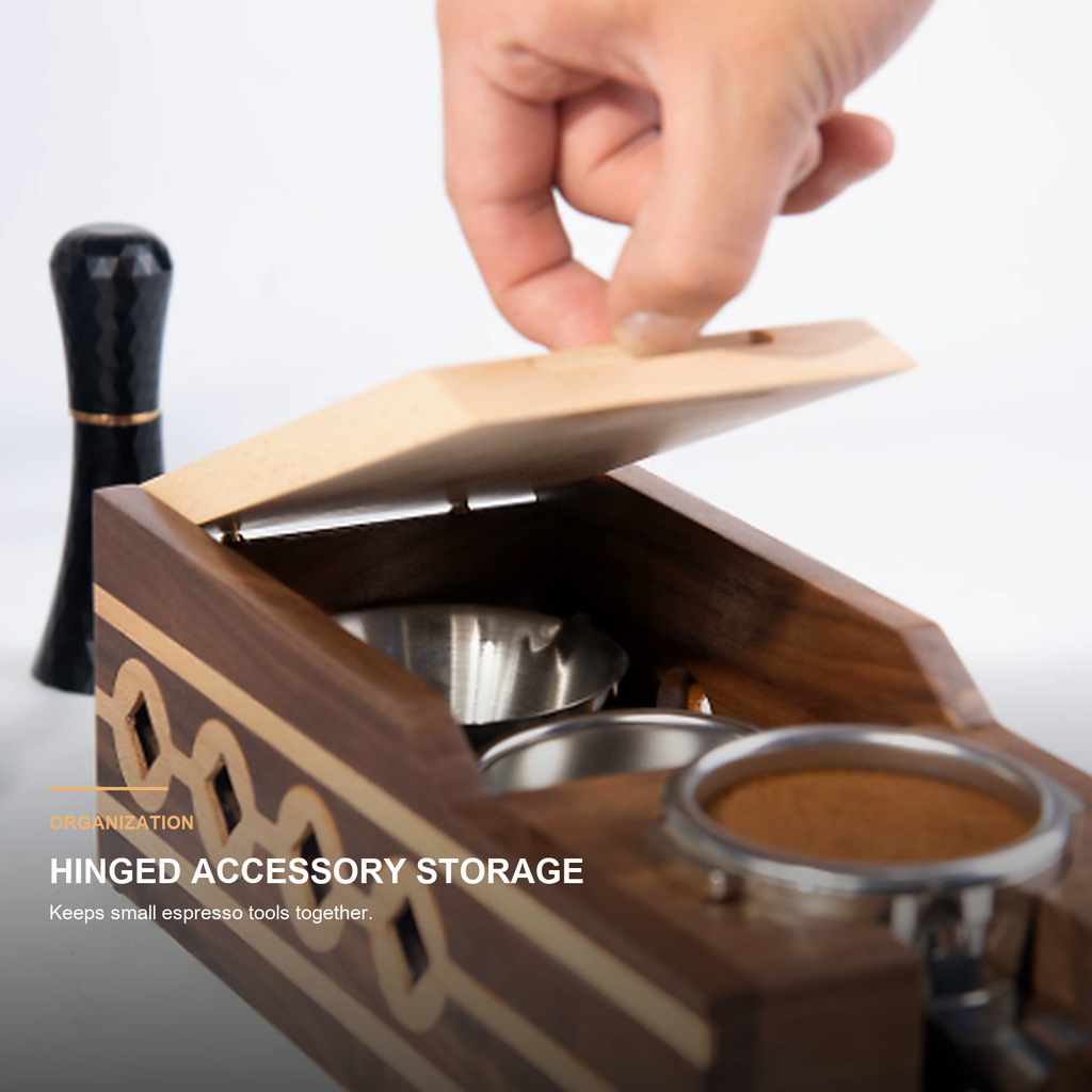 Close-up of hinged accessory storage in solid walnut espresso station