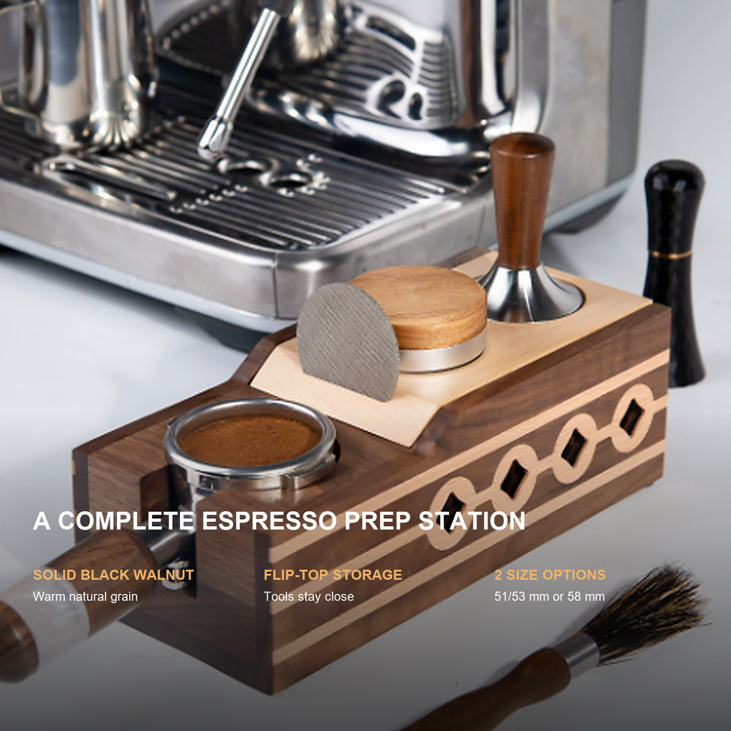 All-in-one solid black walnut espresso preparation station