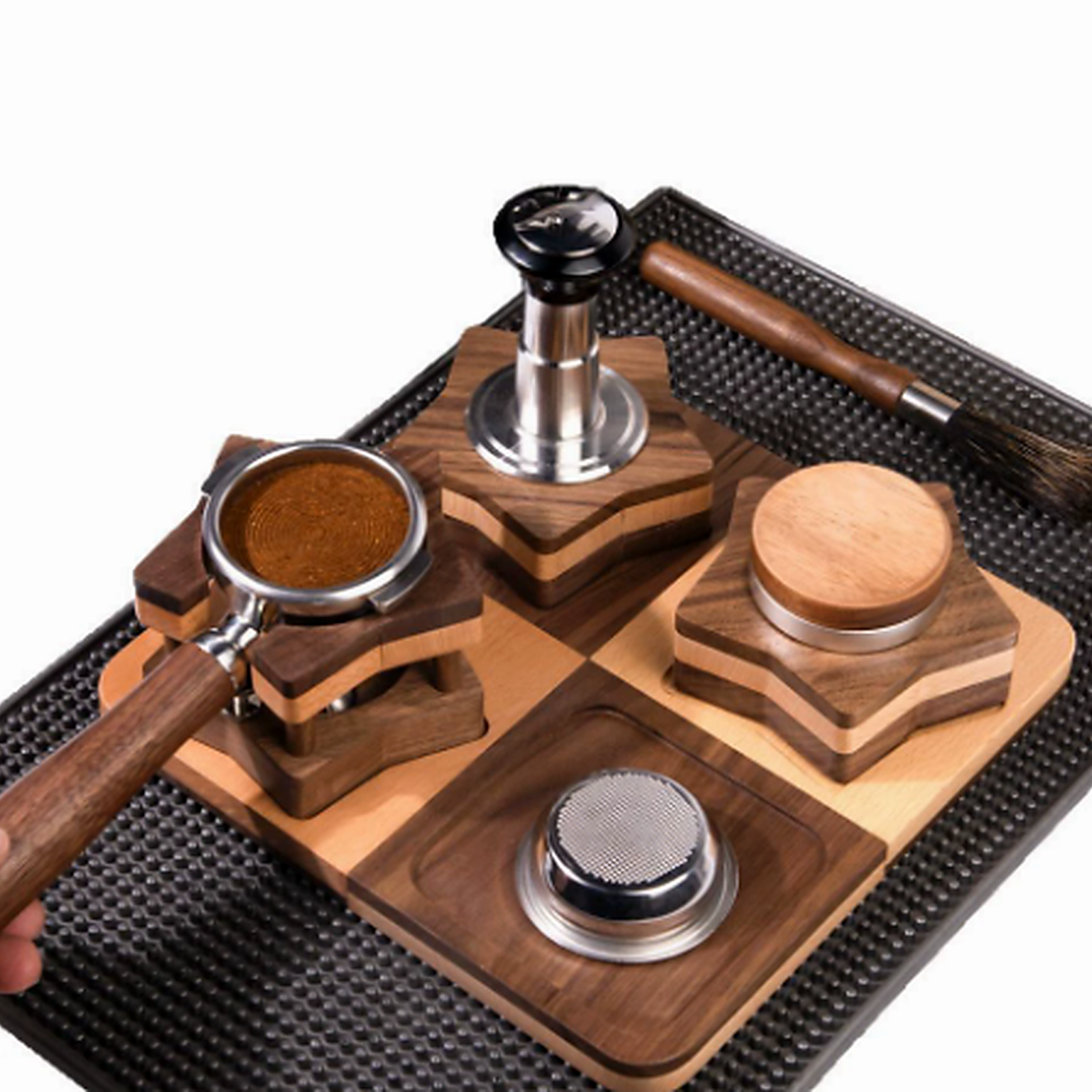 Modular solid walnut espresso preparation board with star-shaped tool stands