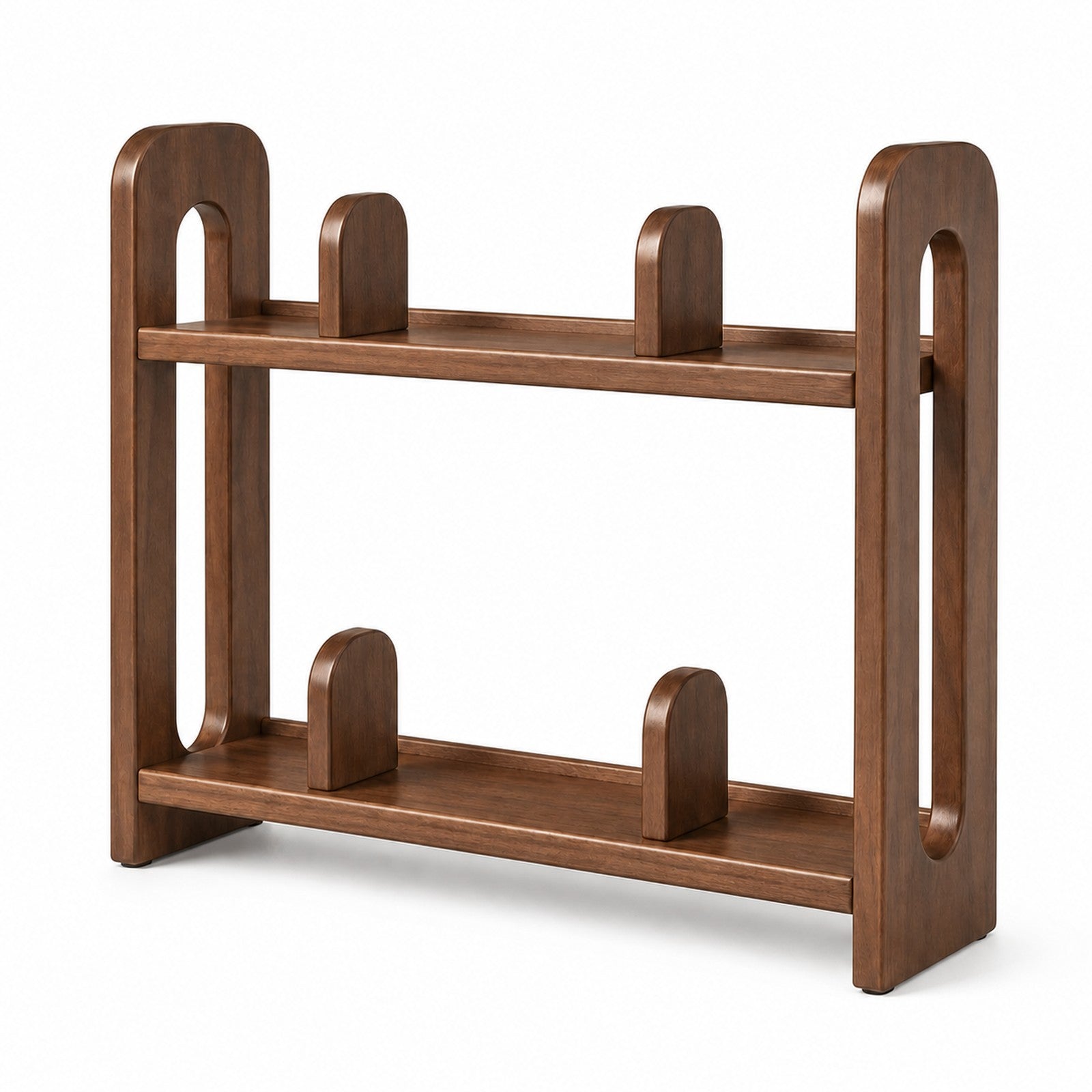 Adjustable solid rubberwood countertop coffee organizer in Black Walnut finish on white background