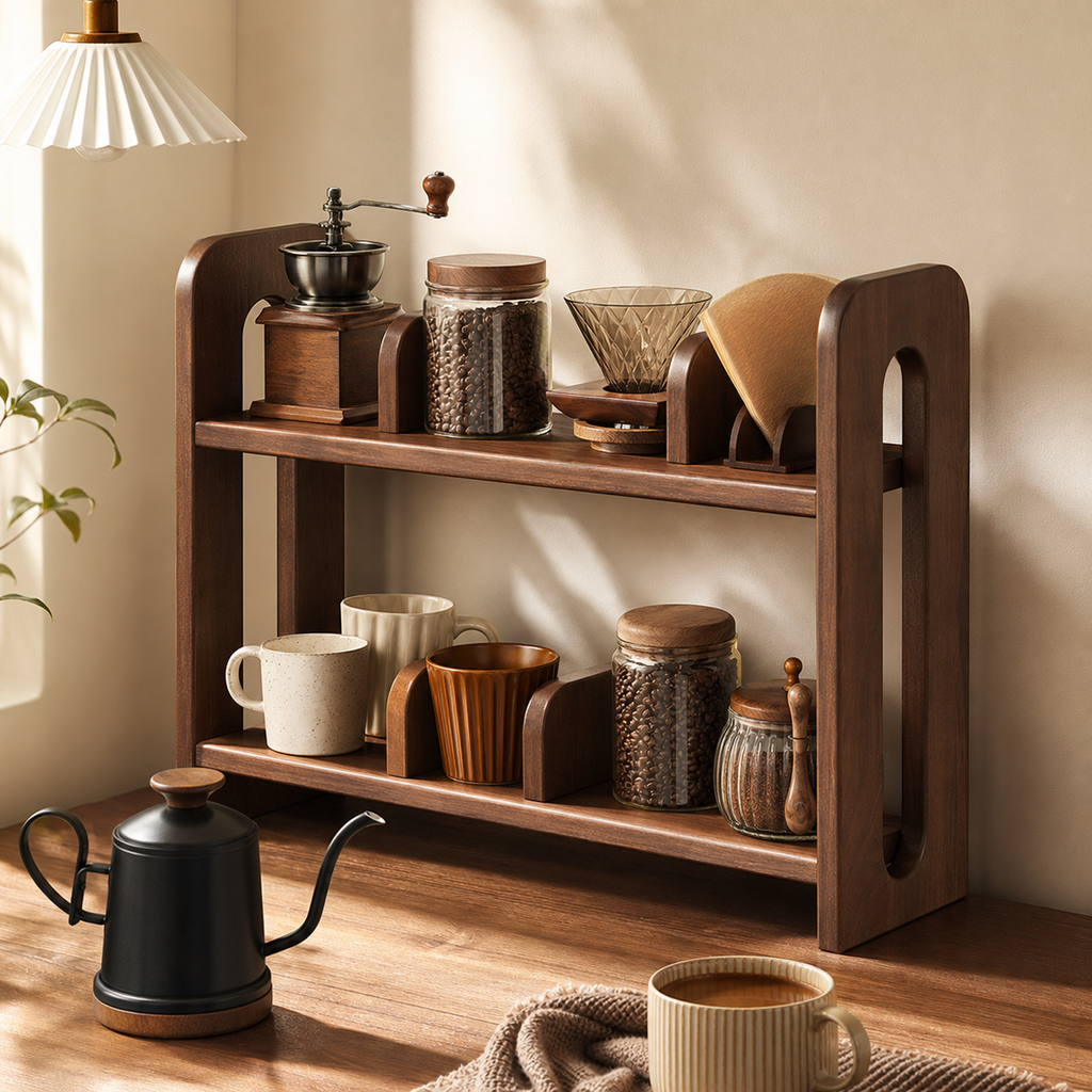 Countertop organizer styled with coffee mugs beans grinder and pour-over accessories