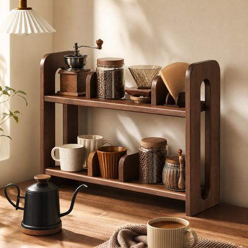 Countertop organizer styled with coffee mugs beans grinder and pour-over accessories