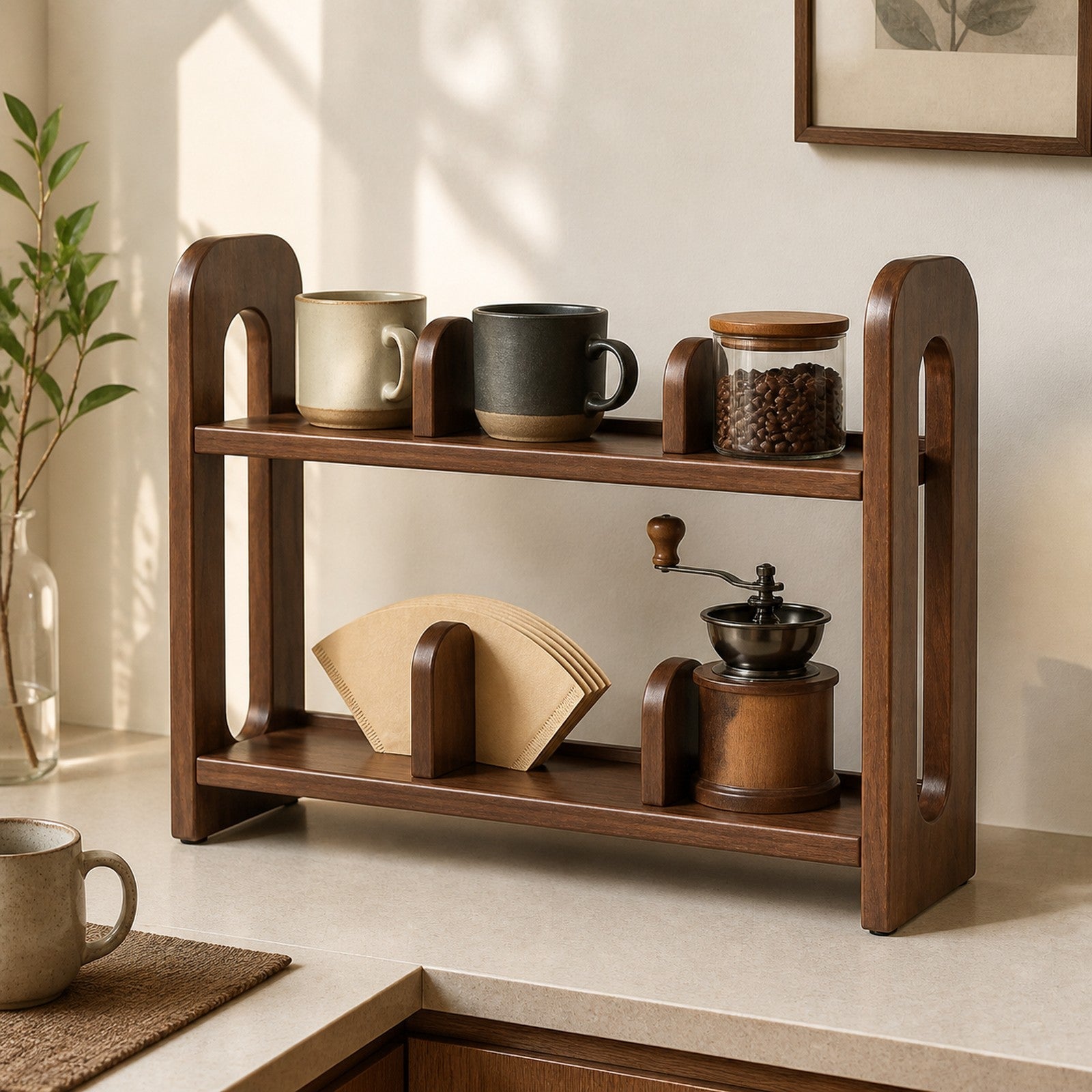 60 cm Black Walnut rubberwood countertop coffee organizer styled in a compact coffee bar