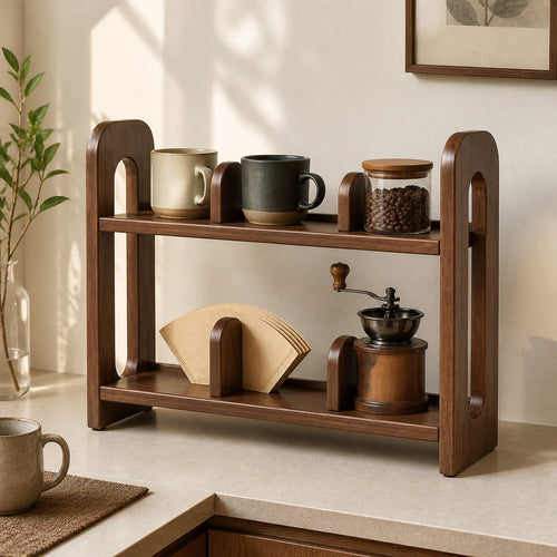 60 cm Black Walnut rubberwood countertop coffee organizer styled in a compact coffee bar