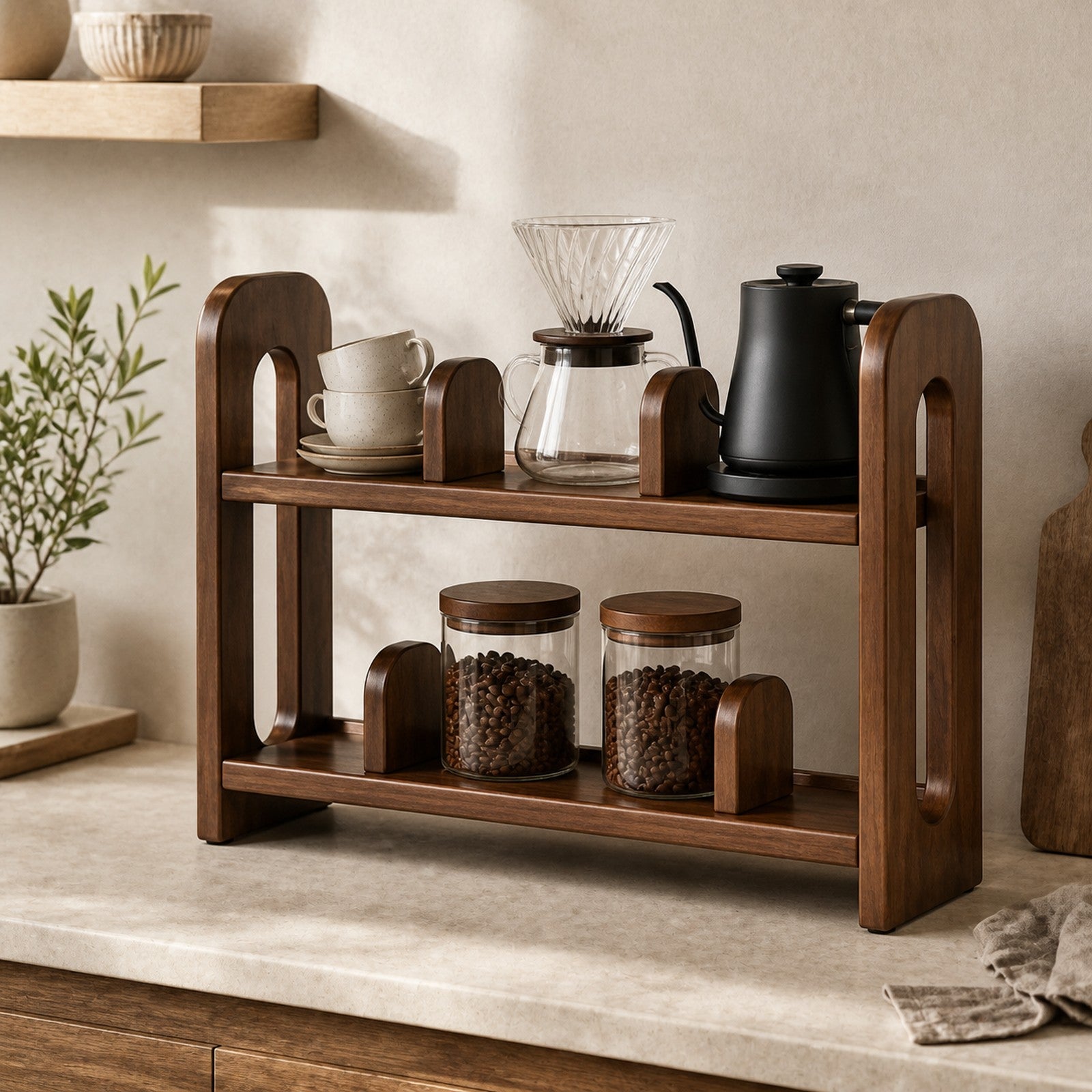 80 cm Black Walnut rubberwood countertop coffee organizer with pour-over accessories