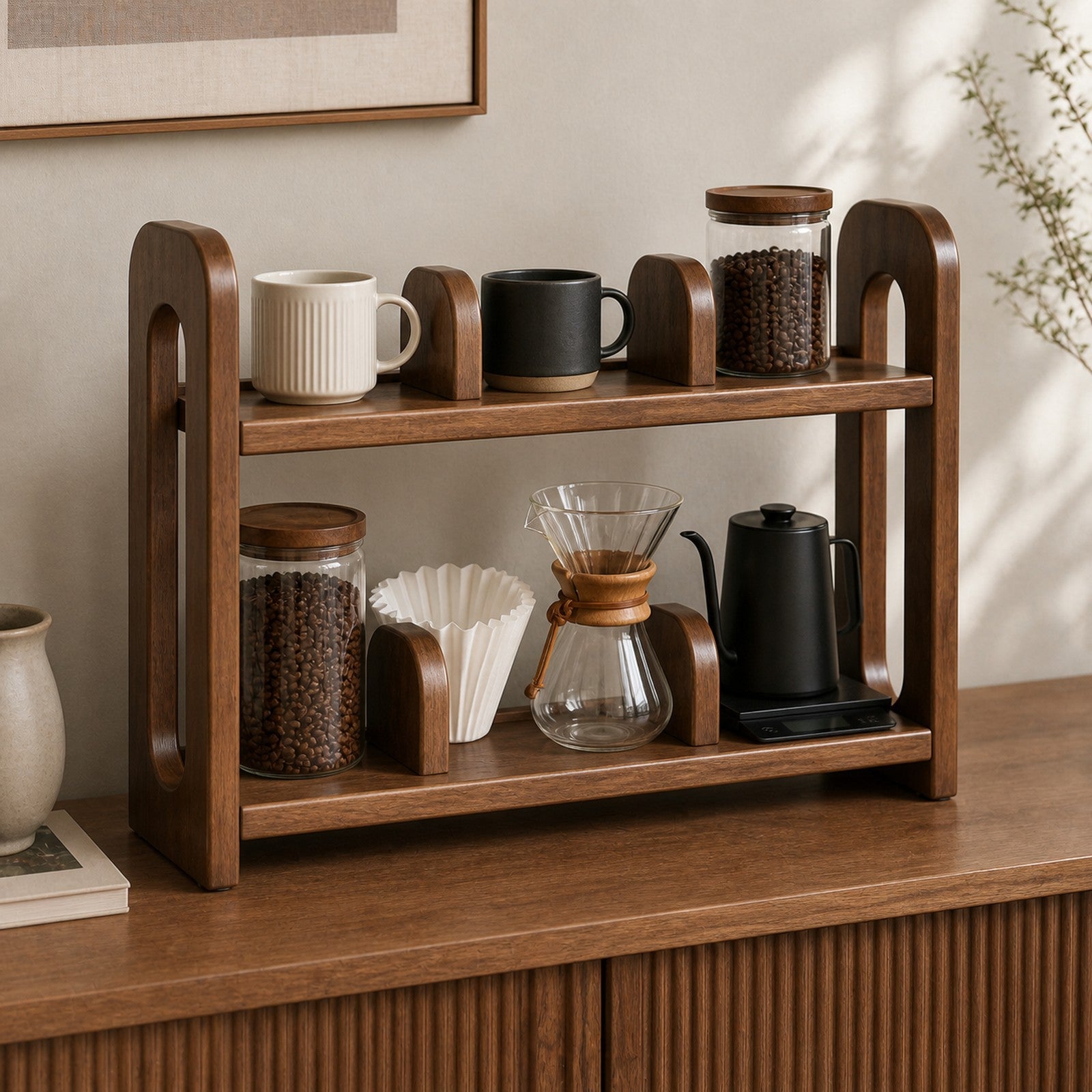 100 cm Black Walnut rubberwood countertop coffee organizer on a home coffee sideboard