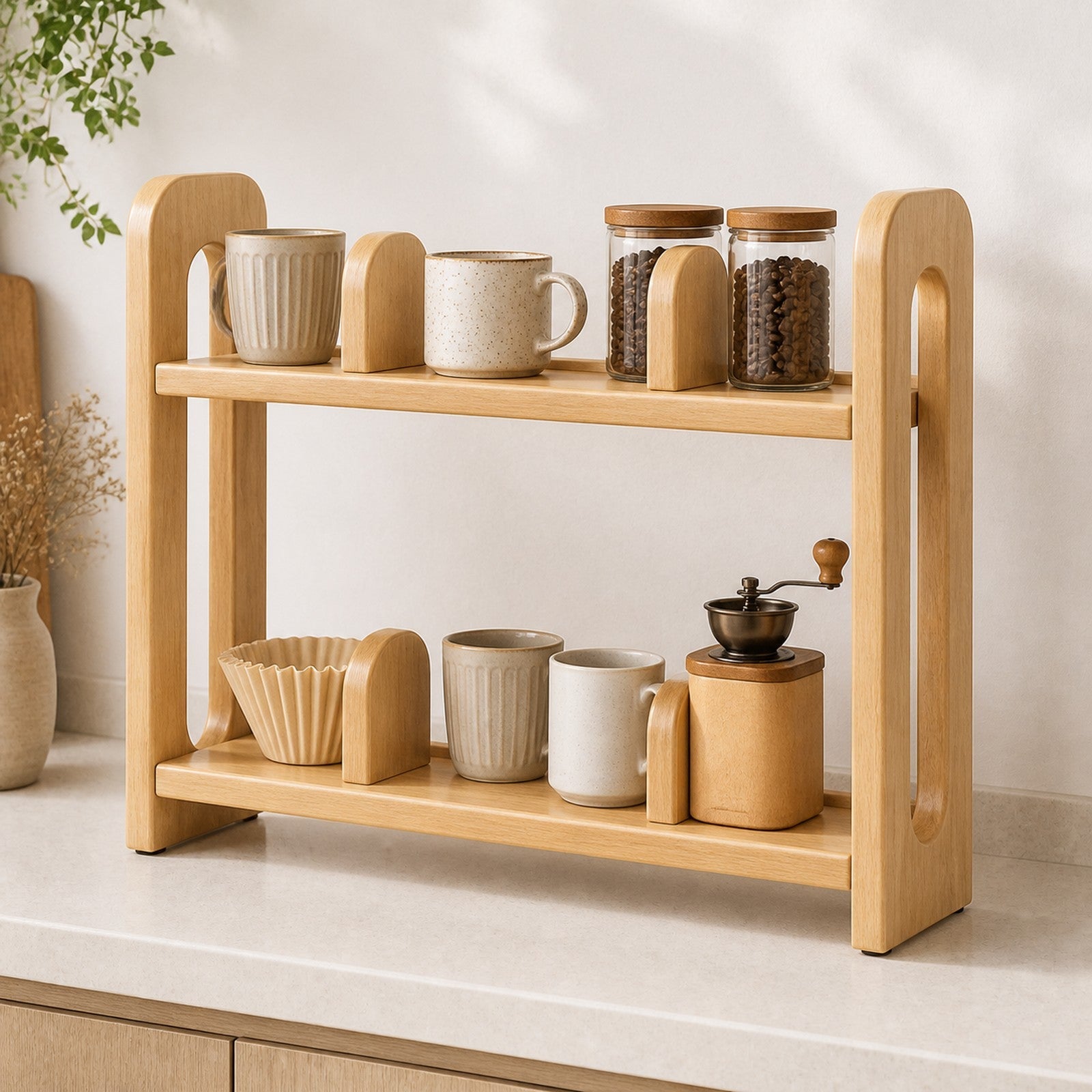 80 cm Natural Clear rubberwood countertop coffee organizer in a bright kitchen coffee nook