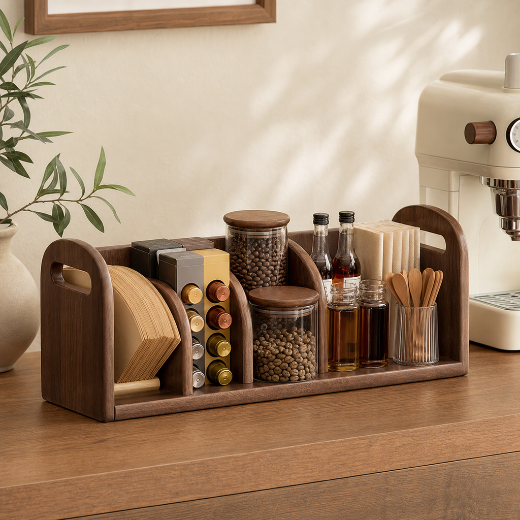 Multi-compartment coffee organizer holding filters capsules beans syrups and stirrers