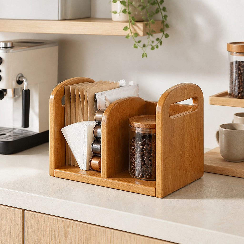Two-compartment Cherry Wood coffee organizer in a bright kitchen coffee station