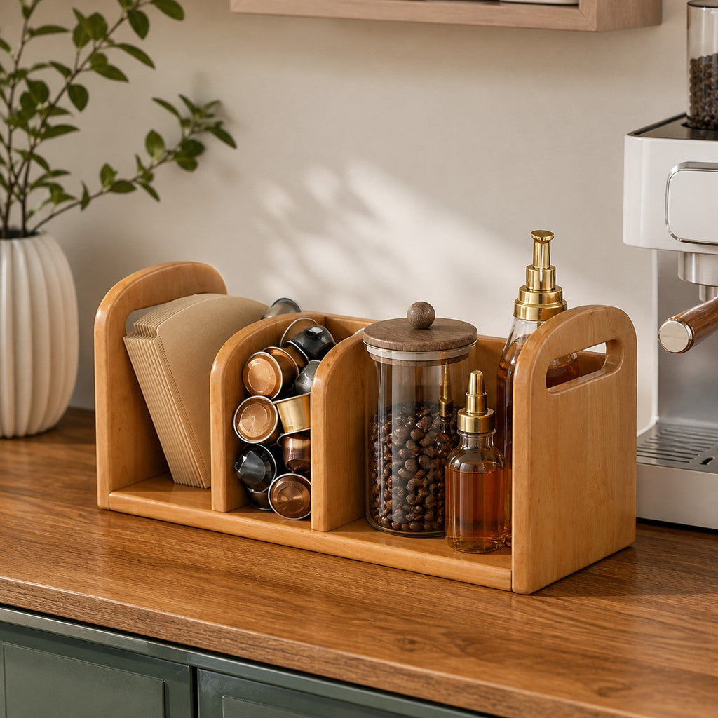 Three-compartment Cherry Wood coffee organizer holding filters capsules beans and syrup