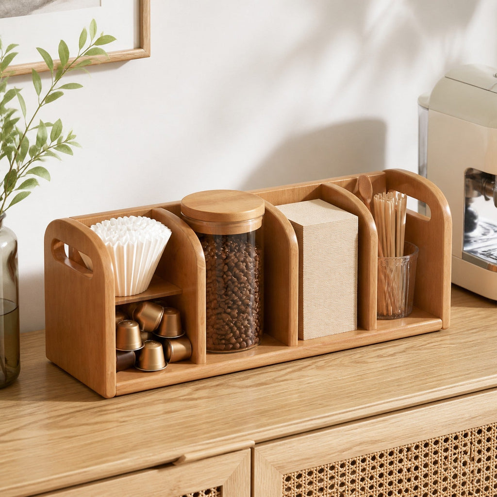 Four-compartment Cherry Wood coffee organizer on a light wood sideboard