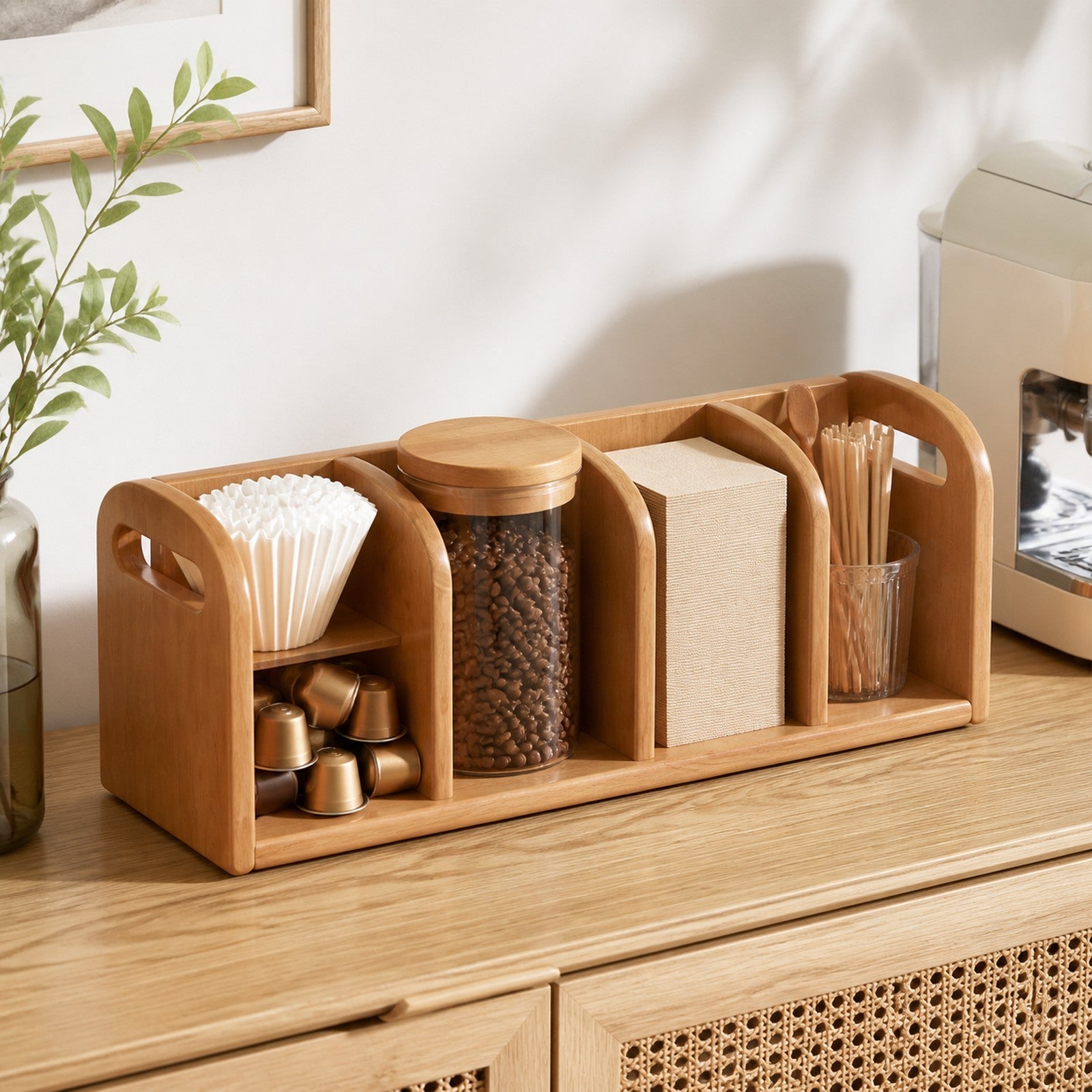 Four-compartment Cherry Wood coffee organizer on a light wood sideboard