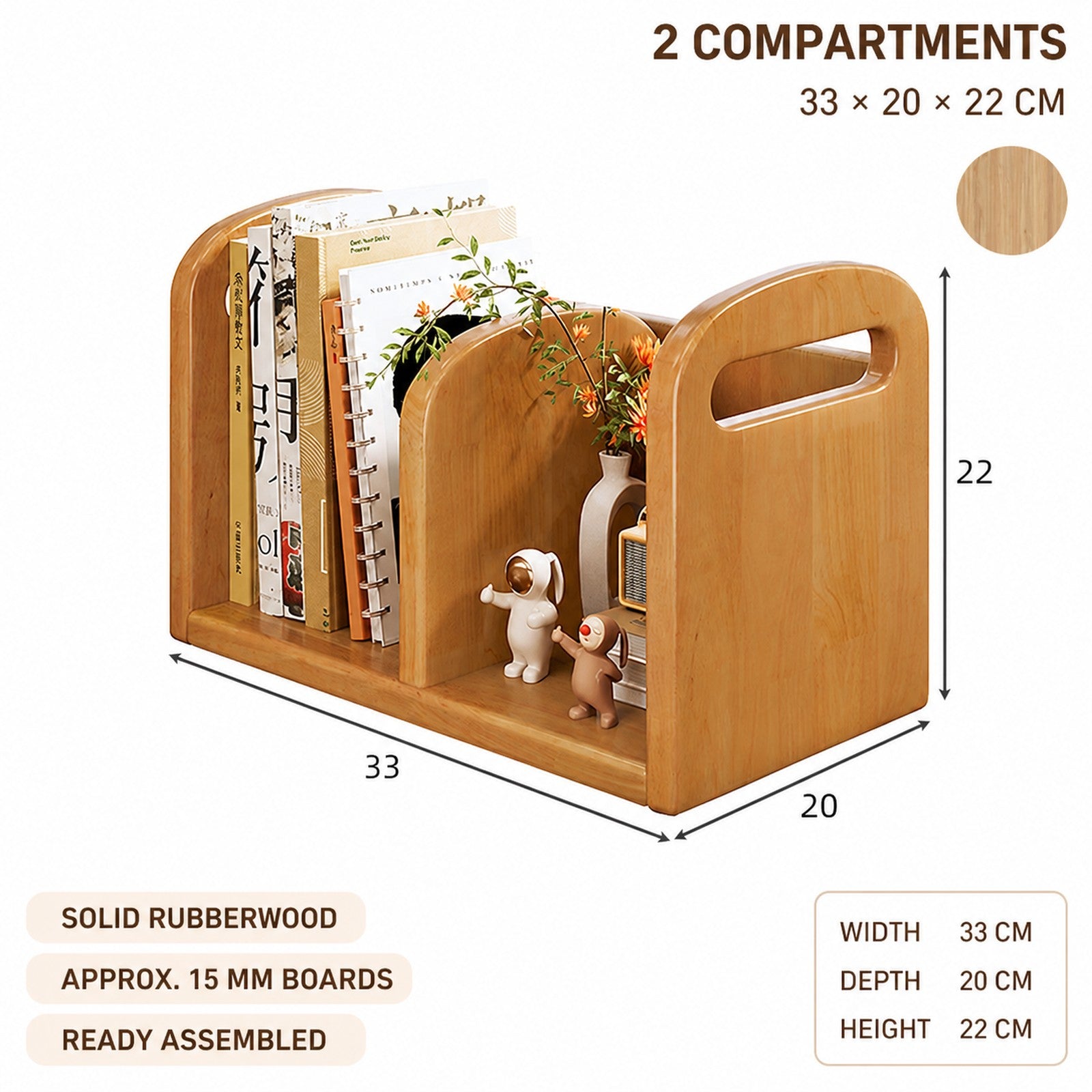 Two-compartment Cherry Wood rubberwood organizer dimensions 33 by 20 by 22 cm