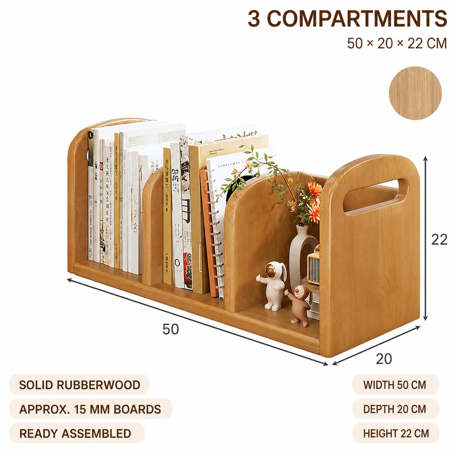 Three-compartment Cherry Wood rubberwood organizer dimensions 50 by 20 by 22 cm