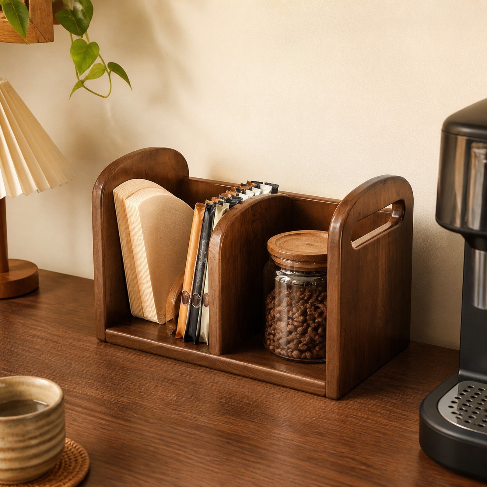 Two-compartment Walnut Brown coffee organizer holding filters capsules and beans