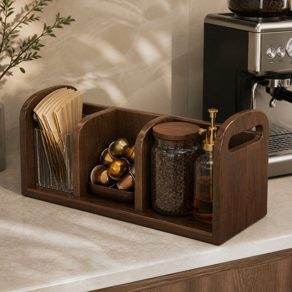 Three-compartment Walnut Brown countertop coffee organizer beside an espresso machine