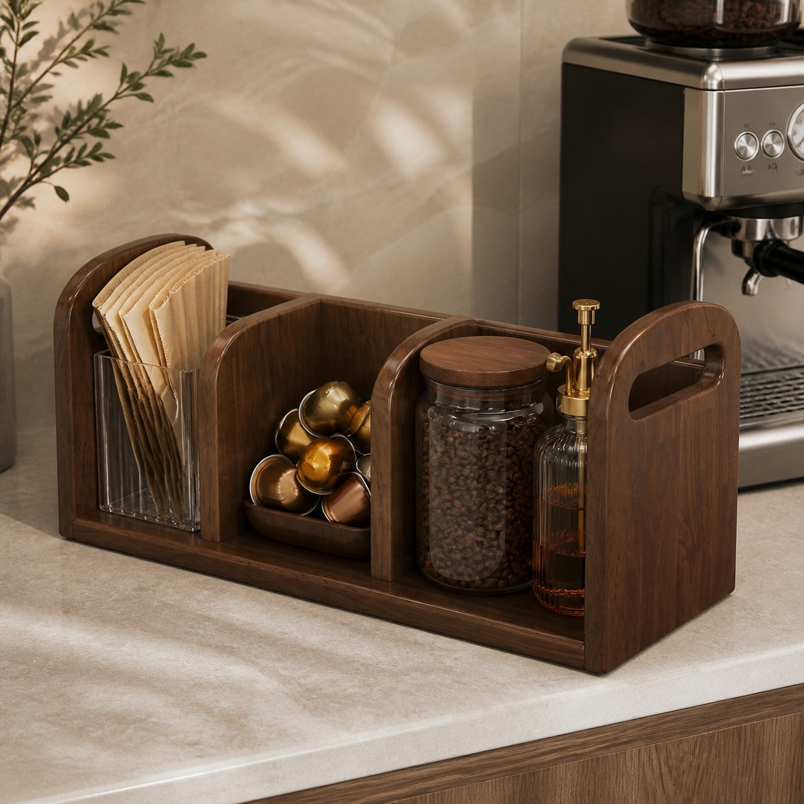 Three-compartment Walnut Brown countertop coffee organizer beside an espresso machine