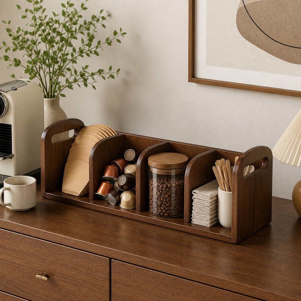 Four-compartment Walnut Brown coffee organizer on a dining-room sideboard