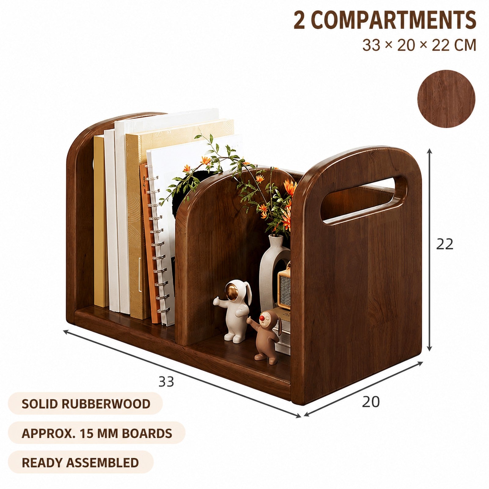 Two-compartment Walnut Brown rubberwood organizer dimensions 33 by 20 by 22 cm