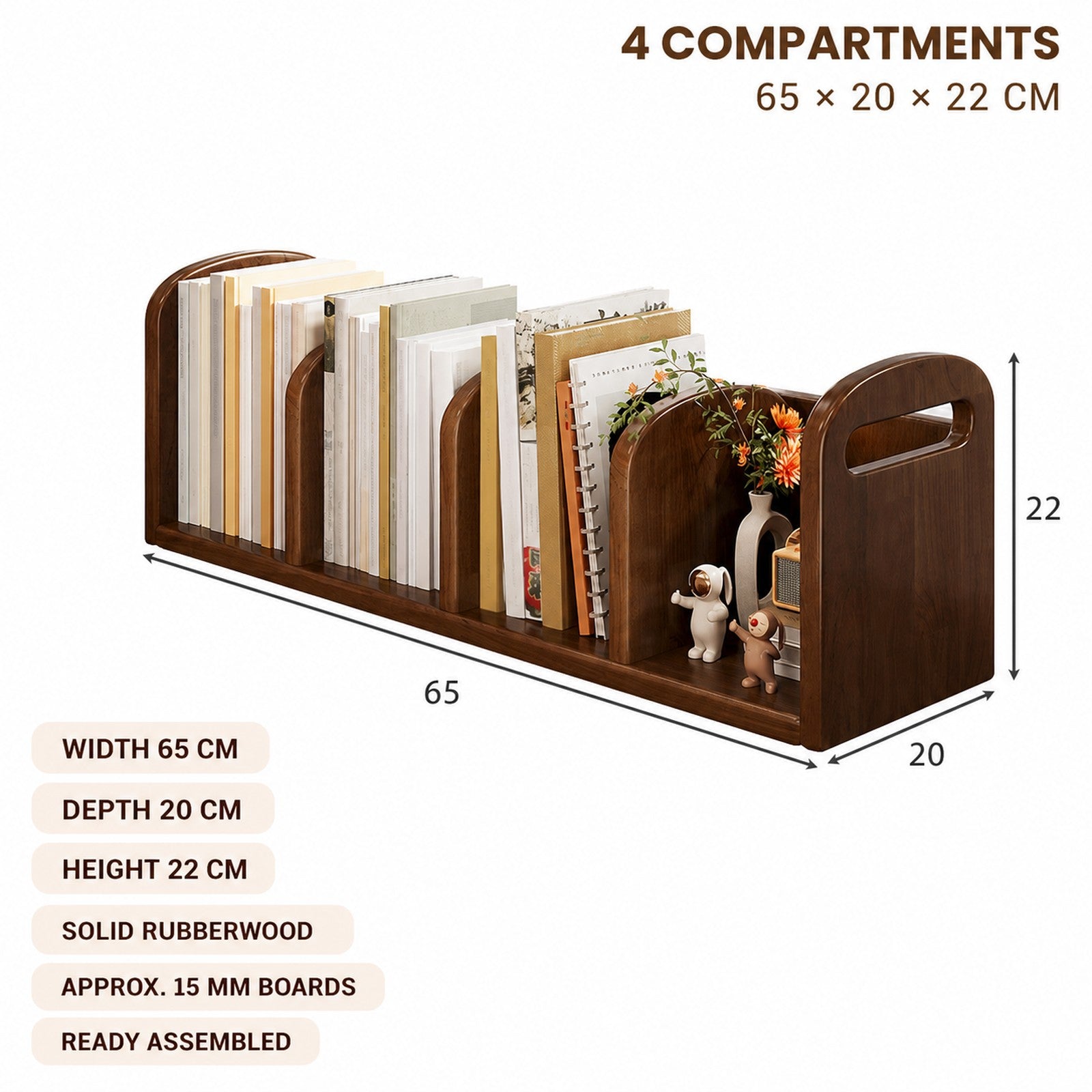Four-compartment Walnut Brown rubberwood organizer dimensions 65 by 20 by 22 cm