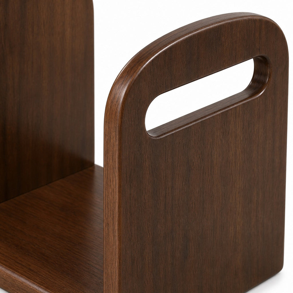 Rounded handhold and Walnut Brown rubberwood grain detail