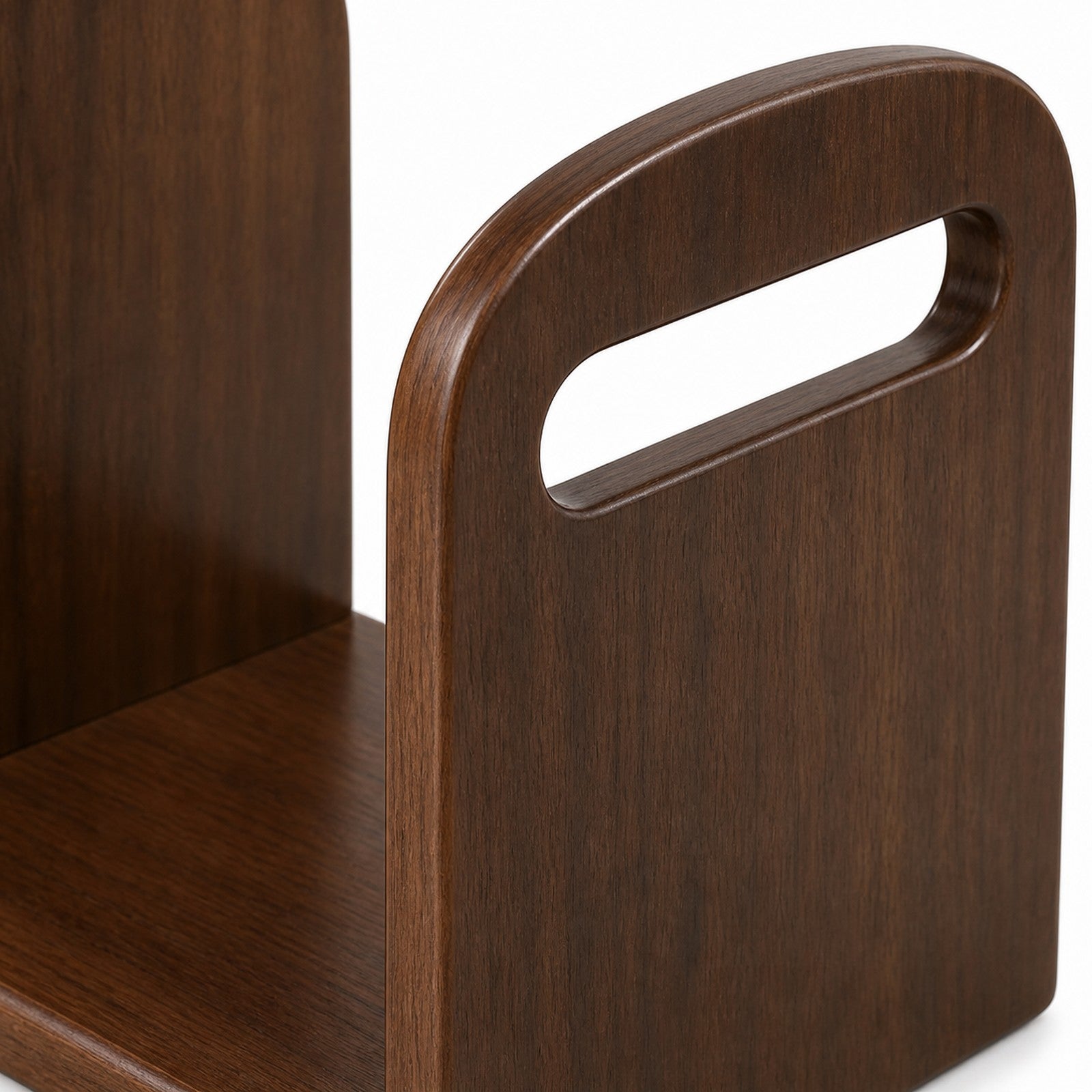 Rounded handhold and Walnut Brown rubberwood grain detail