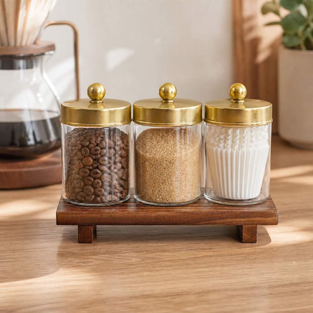 Small solid wood coffee riser holding three coffee bar canisters